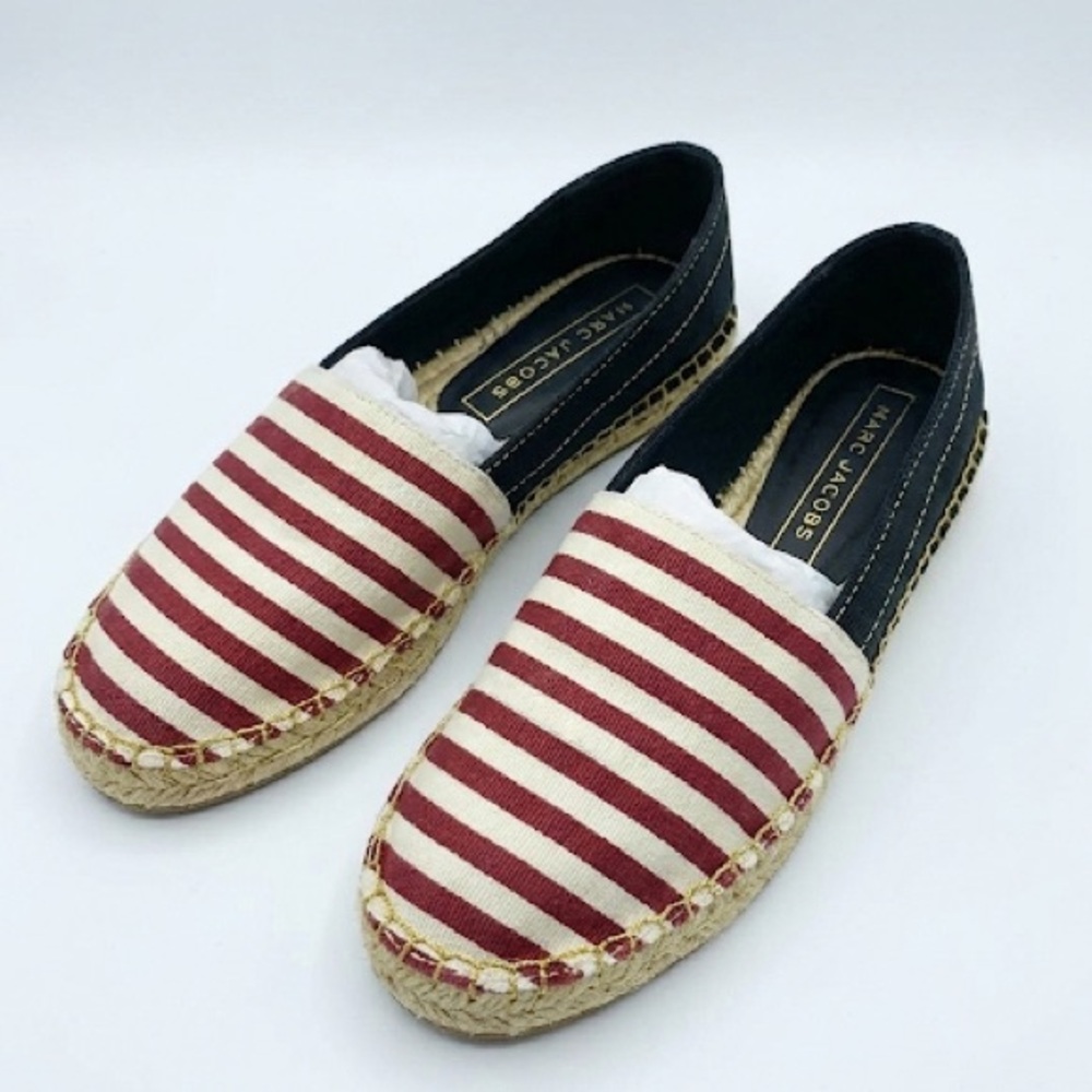Marc Jacobs Sienna Espadrille Flats Striped Canvas Metallic Gold Jute 36.5 6.5